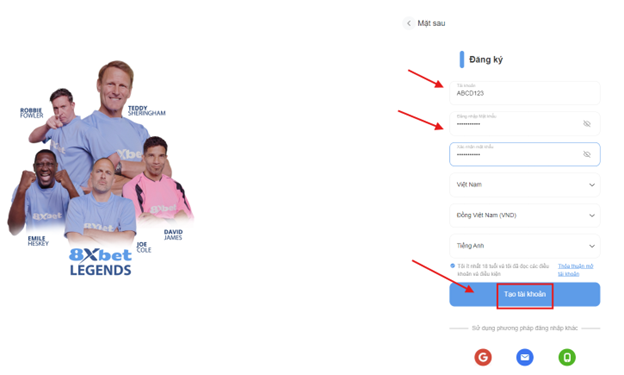Người chơi điền thông tin vào mẫu đăng ký trên trang web 8xbet để tạo tài khoản